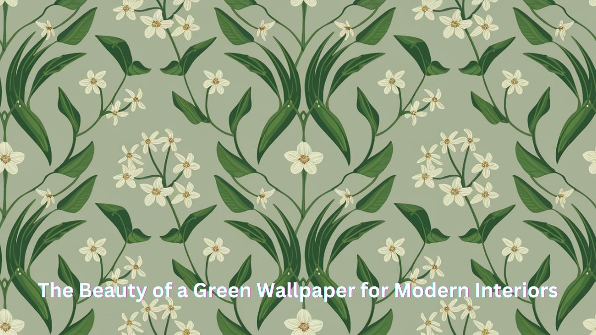 A green wallpaper design with natural patterns that bring a refreshing and eco-friendly touch to a living space